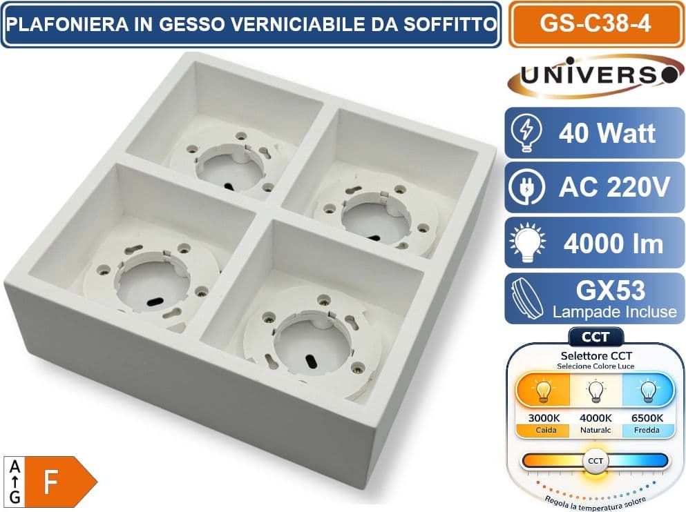 UNIVERSO GS-C38-4 PLAFONIERA IN GESSO VERNICIABILE DA SOFFITTO QUADRATA 4 LAMPADE GX53 10 W INCLUSE SWITCH CCT PER SELEZIONE LUCE 3000K/4000K/6500K - 3