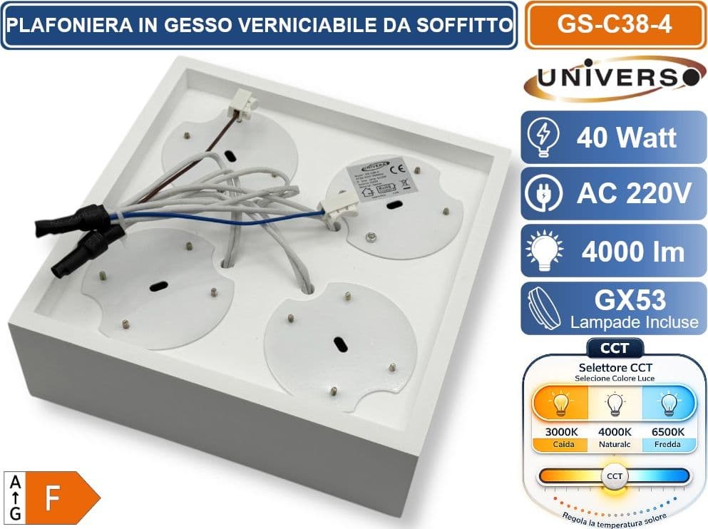 UNIVERSO GS-C38-4 PLAFONIERA IN GESSO VERNICIABILE DA SOFFITTO QUADRATA 4 LAMPADE GX53 10 W INCLUSE SWITCH CCT PER SELEZIONE LUCE 3000K/4000K/6500K - 4