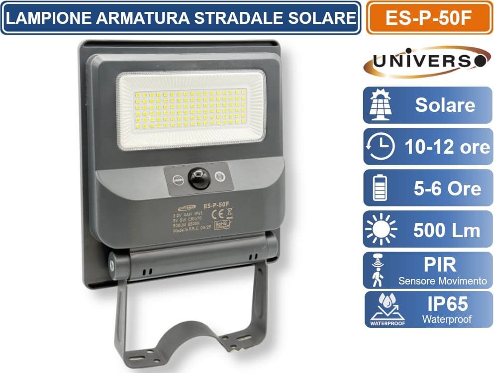 UNIVERSO ES-P-50F LAMPIONE FARO SOLARE 50W EQUIVALENTI CON SENSORE CREPUSCOLARE E MOVIMENTO 6500K LUCE FREDDA IP65 - 2