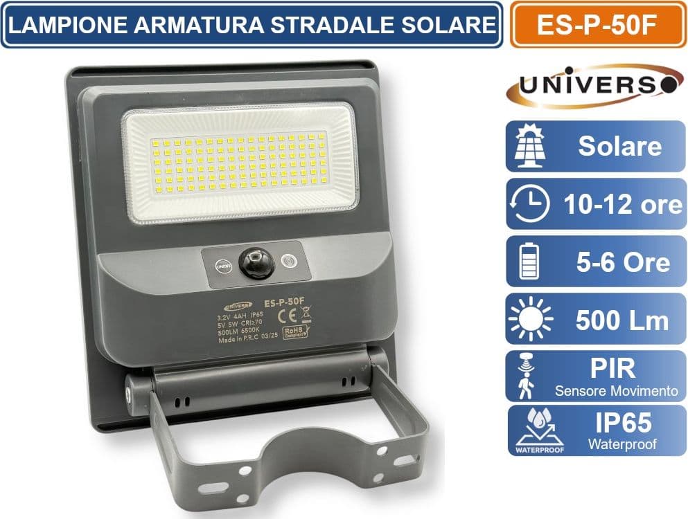 UNIVERSO ES-P-50F LAMPIONE FARO SOLARE 50W EQUIVALENTI CON SENSORE CREPUSCOLARE E MOVIMENTO 6500K LUCE FREDDA IP65 - 3