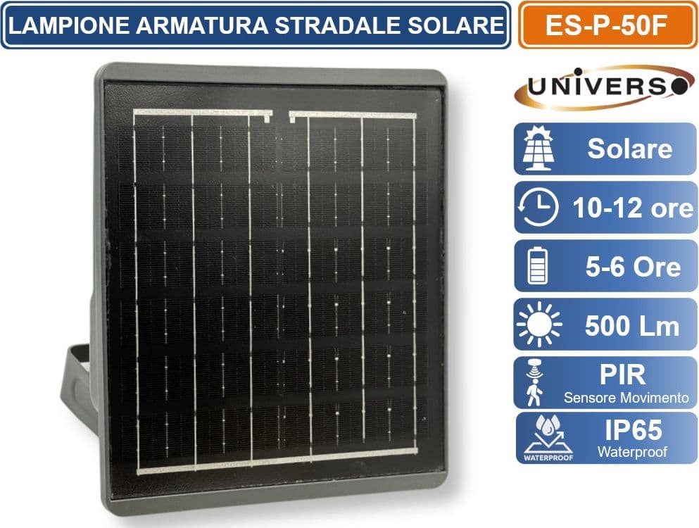 UNIVERSO ES-P-50F LAMPIONE FARO SOLARE 50W EQUIVALENTI CON SENSORE CREPUSCOLARE E MOVIMENTO 6500K LUCE FREDDA IP65 - 4