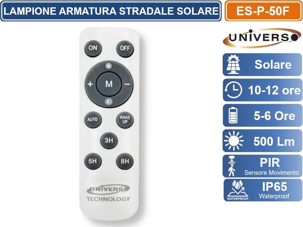 UNIVERSO ES-P-50F LAMPIONE FARO SOLARE 50W EQUIVALENTI CON SENSORE CREPUSCOLARE E MOVIMENTO 6500K LUCE FREDDA IP65 - 5