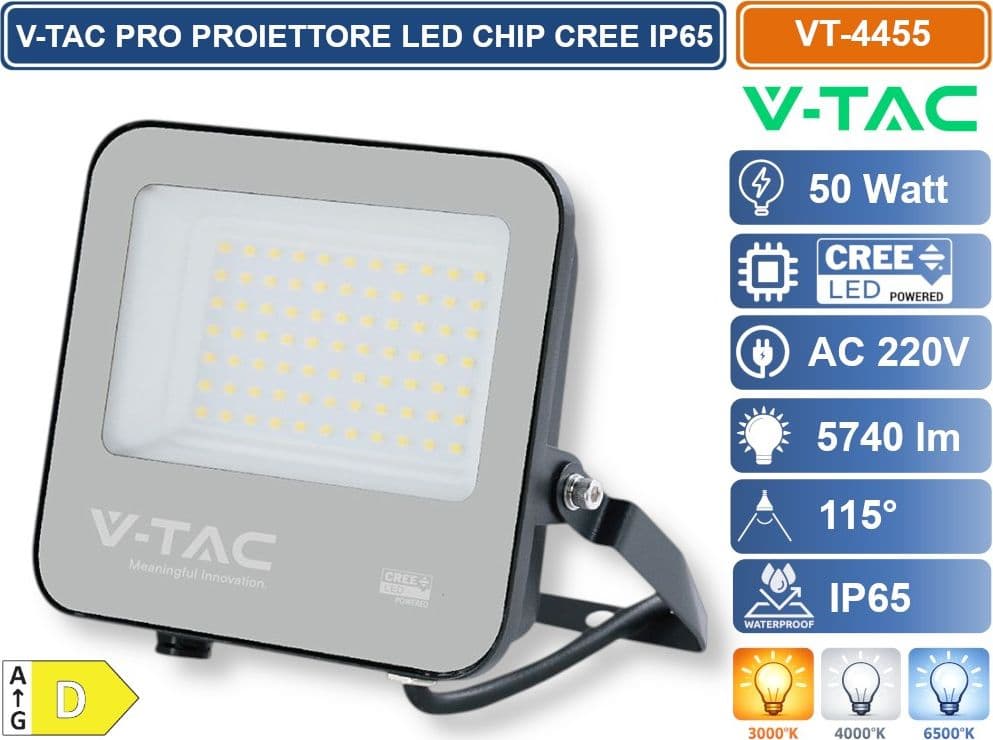 V-TAC PRO FARO LED SMD CHIP CREE 50W 135LM/W NERO CON VETRO GRIGIO IP65 3000K 4000K 6500K - SKU 231996/232166/232176 - 2