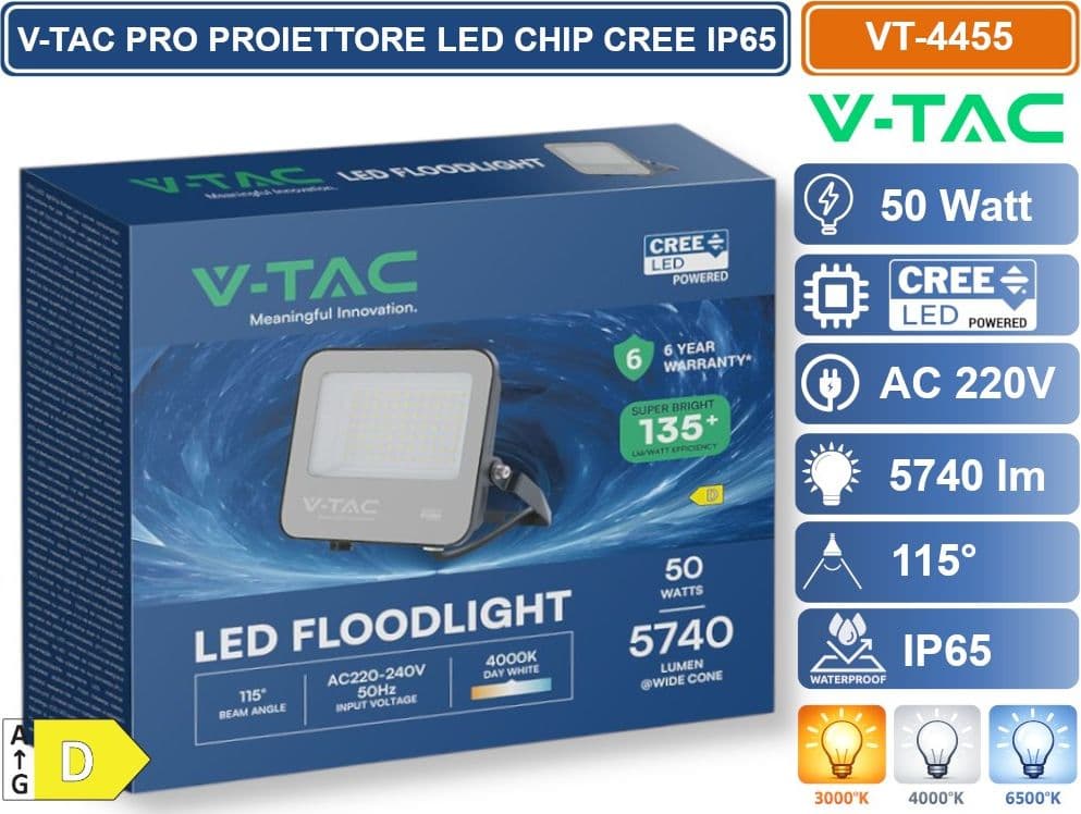 V-TAC PRO FARO LED SMD CHIP CREE 50W 135LM/W NERO CON VETRO GRIGIO IP65 3000K 4000K 6500K - SKU 231996/232166/232176 - 3