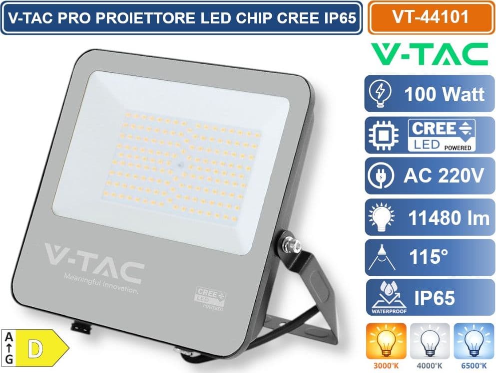 V-TAC PRO FARO LED SMD CHIP CREE 100W 135LM/W NERO CON VETRO GRIGIO IP65 3000K 4000K 6500K - SKU 232006/232186/232196 - 2
