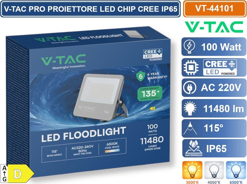 V-TAC PRO FARO LED SMD CHIP CREE 100W 135LM/W NERO CON VETRO GRIGIO IP65 3000K 4000K 6500K - SKU 232006/232186/232196 - 3