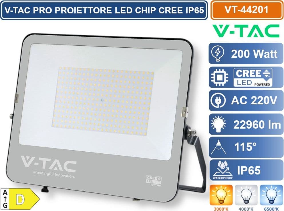 V-TAC PRO FARO LED SMD CHIP CREE 200W 135LM/W NERO CON VETRO GRIGIO IP65 4000K 6500K - SKU 232206/232216 - 2