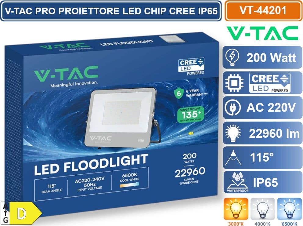 V-TAC PRO FARO LED SMD CHIP CREE 200W 135LM/W NERO CON VETRO GRIGIO IP65 4000K 6500K - SKU 232206/232216 - 3