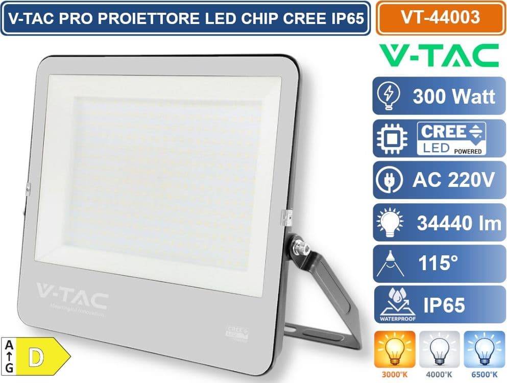 V-TAC PRO FARO LED SMD CHIP CREE 300W 135LM/W NERO CON VETRO GRIGIO IP65 4000K 6500K - SKU 238256/232036 - 2