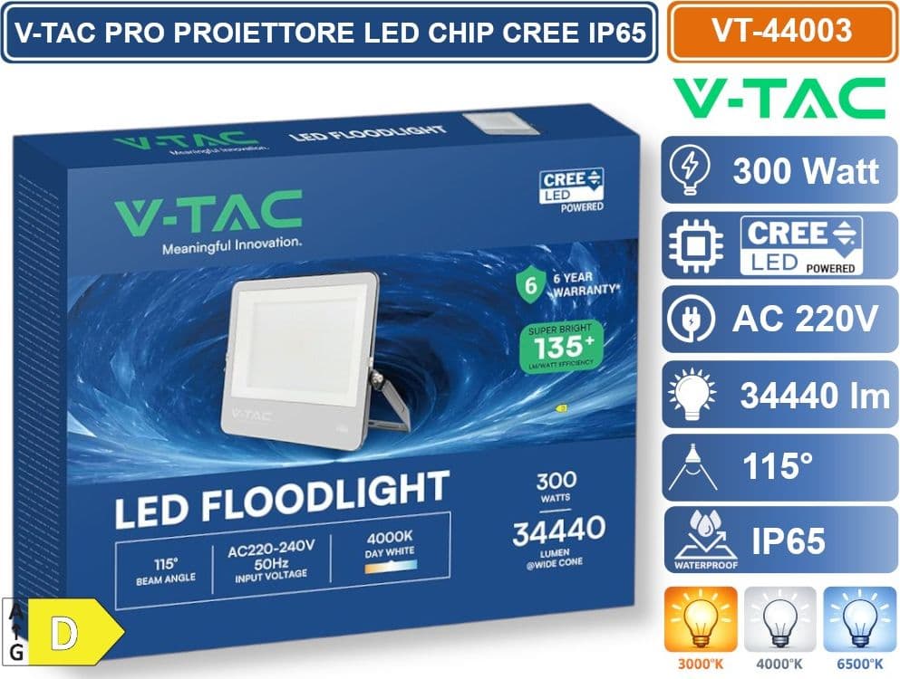 V-TAC PRO FARO LED SMD CHIP CREE 300W 135LM/W NERO CON VETRO GRIGIO IP65 4000K 6500K - SKU 238256/232036 - 3