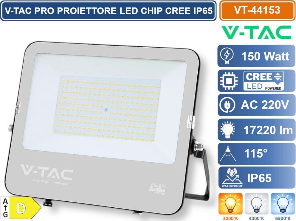 V-TAC PRO FARO LED SMD CHIP CREE 150W 135LM/W NERO CON VETRO GRIGIO IP65 4000K 6500K - SKU 232016/232016 - 2