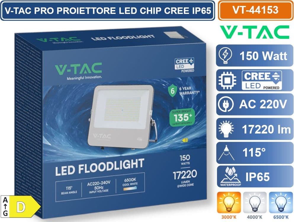 V-TAC PRO FARO LED SMD CHIP CREE 150W 135LM/W NERO CON VETRO GRIGIO IP65 4000K 6500K - SKU 232016/232016 - 3