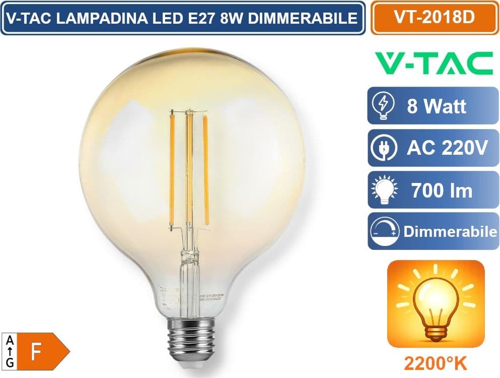 V-TAC VT-2018D LAMPADINA LED E27 8W GLOBO G125 FILAMENT VETRO AMBRATO DIMMERABILE BIANCO CALDO 2200K - SKU 217155 - 2