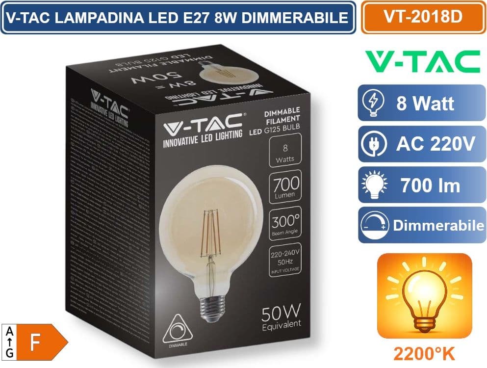 V-TAC VT-2018D LAMPADINA LED E27 8W GLOBO G125 FILAMENT VETRO AMBRATO DIMMERABILE BIANCO CALDO 2200K - SKU 217155 - 3