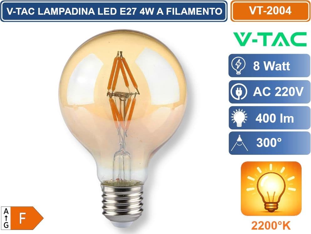 V-TAC VT-2004 LAMPADINA LED E27 4W G80 GLOBO FILAMENT VETRO AMBRATO BIANCO CALDO 2200K - SKU 217148 - 2