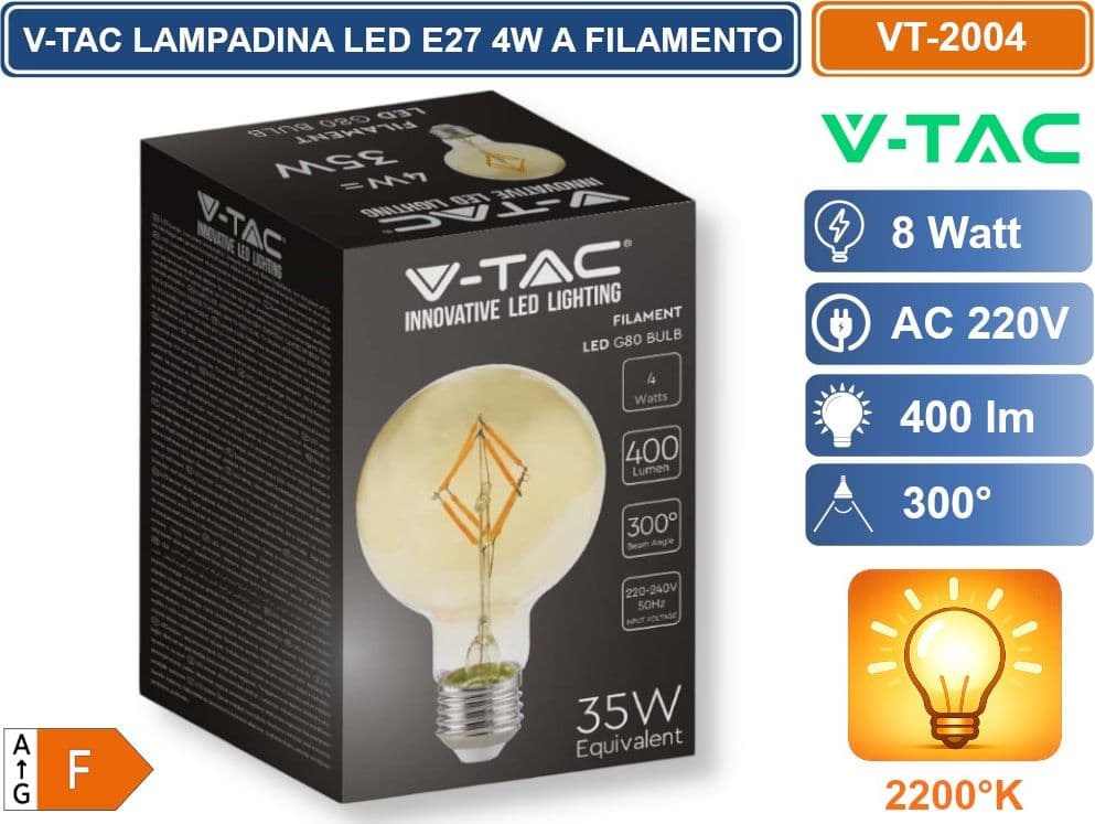V-TAC VT-2004 LAMPADINA LED E27 4W G80 GLOBO FILAMENT VETRO AMBRATO BIANCO CALDO 2200K - SKU 217148 - 3