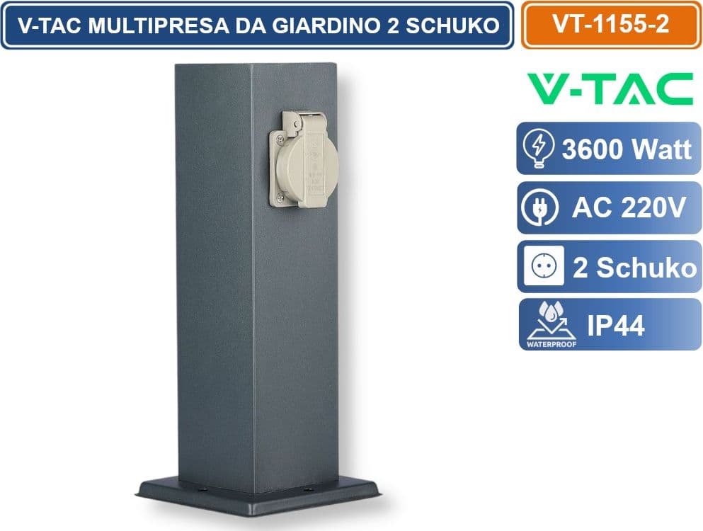 V-TAC VT-1155-2 MULTIPRESA DA GIARDINO 2 PRESE SCHUKO 16A CON FISSAGGIO A TERRA IP44 3600W - SKU 8820 - 2