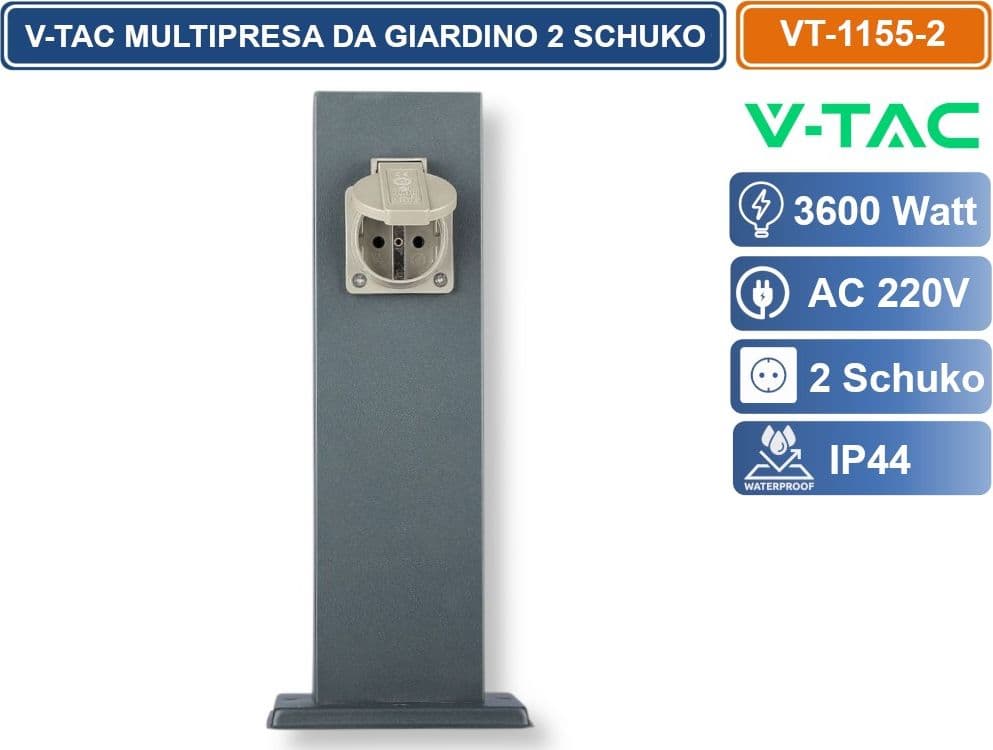 V-TAC VT-1155-2 MULTIPRESA DA GIARDINO 2 PRESE SCHUKO 16A CON FISSAGGIO A TERRA IP44 3600W - SKU 8820 - 3
