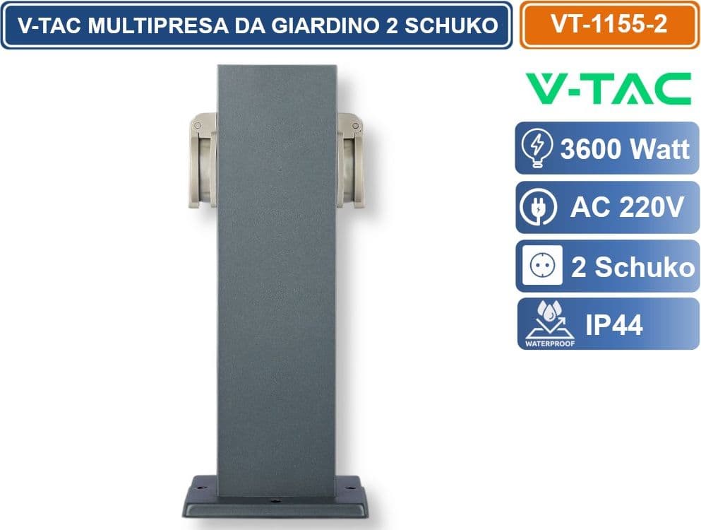 V-TAC VT-1155-2 MULTIPRESA DA GIARDINO 2 PRESE SCHUKO 16A CON FISSAGGIO A TERRA IP44 3600W - SKU 8820 - 4