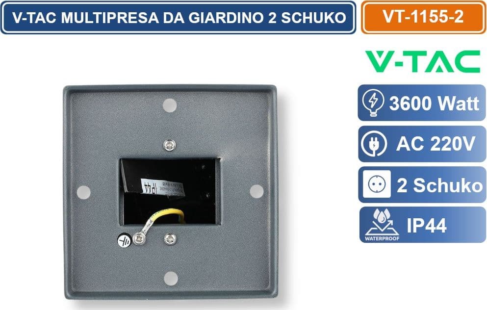 V-TAC VT-1155-2 MULTIPRESA DA GIARDINO 2 PRESE SCHUKO 16A CON FISSAGGIO A TERRA IP44 3600W - SKU 8820 - 5