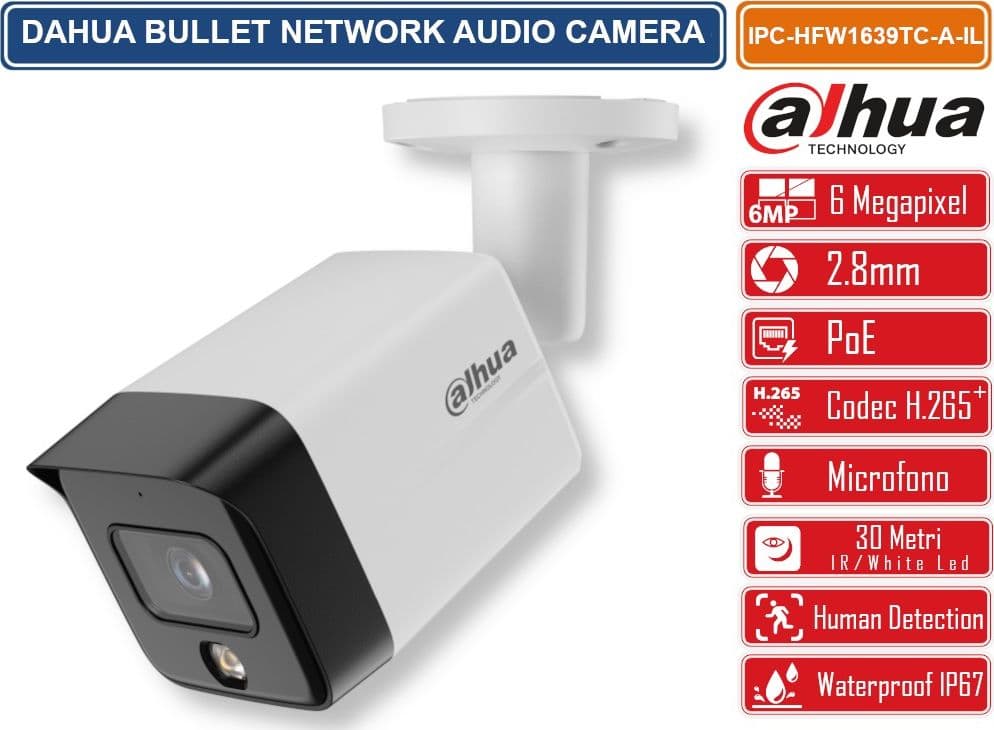 DAHUA IPC-HFW1639TCP-A-IL TELECAMERA BULLET IP NETWORK 6MP SMART DUAL LIGHT CON AUDIO E AI DAESTERNO IP67 - 2