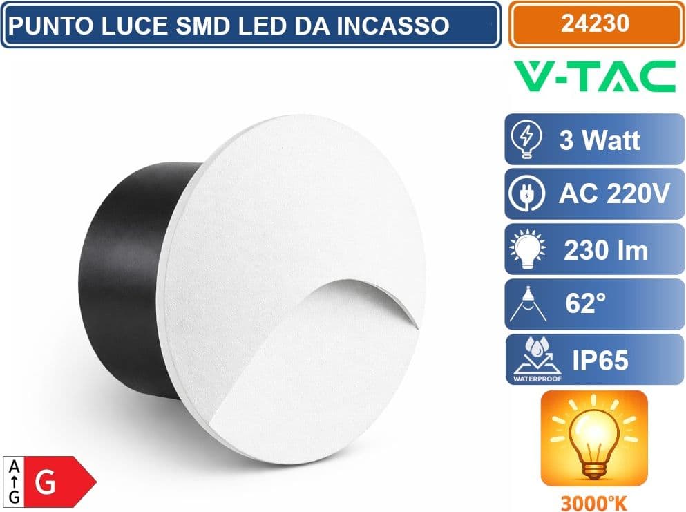 V-TAC FARETTO LED SEGNAPASSO ROTONDO DA INCASSO 3W IN ALLUMINIO BIANCO 3000K IP65 - SKU 24230 - 2