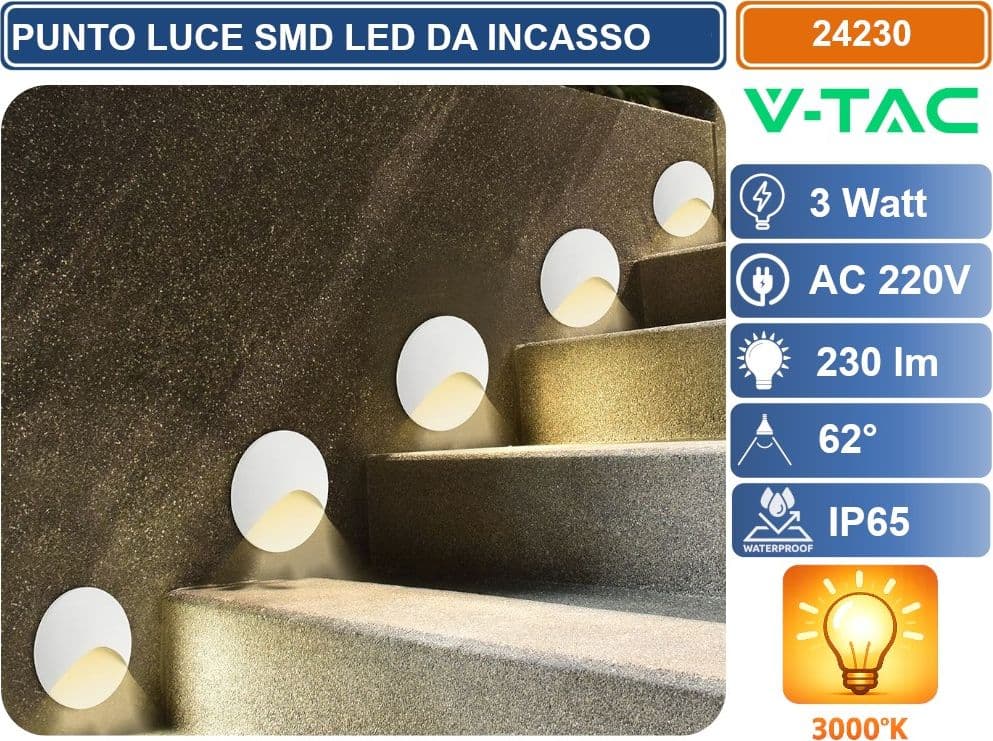 V-TAC FARETTO LED SEGNAPASSO ROTONDO DA INCASSO 3W IN ALLUMINIO BIANCO 3000K IP65 - SKU 24230 - 3