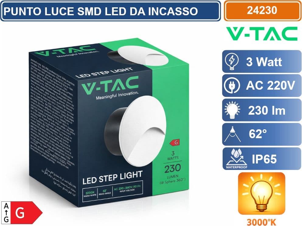 V-TAC FARETTO LED SEGNAPASSO ROTONDO DA INCASSO 3W IN ALLUMINIO BIANCO 3000K IP65 - SKU 24230 - 4