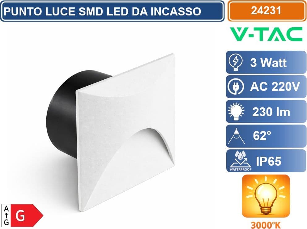 V-TAC FARETTO LED SEGNAPASSO QUADRATO DA INCASSO 3W IN ALLUMINIO BIANCO 3000K IP65 - SKU 24231 - 2
