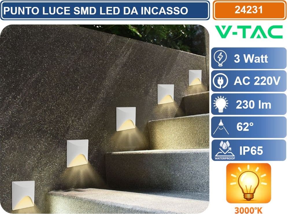V-TAC FARETTO LED SEGNAPASSO QUADRATO DA INCASSO 3W IN ALLUMINIO BIANCO 3000K IP65 - SKU 24231 - 3