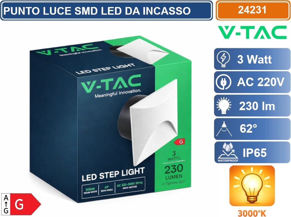 V-TAC FARETTO LED SEGNAPASSO QUADRATO DA INCASSO 3W IN ALLUMINIO BIANCO 3000K IP65 - SKU 24231 - 4
