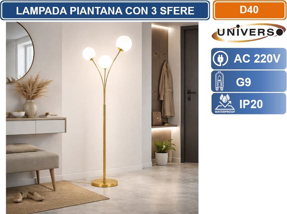 UNIVERSO D40 LAMPADA DA TERRA PIANTANA ORO CON 3 SFERE OPALINE BIANCHE  ATTACCO G9 DESIGN MODERNO ED ELEGANTE PER INTERNI