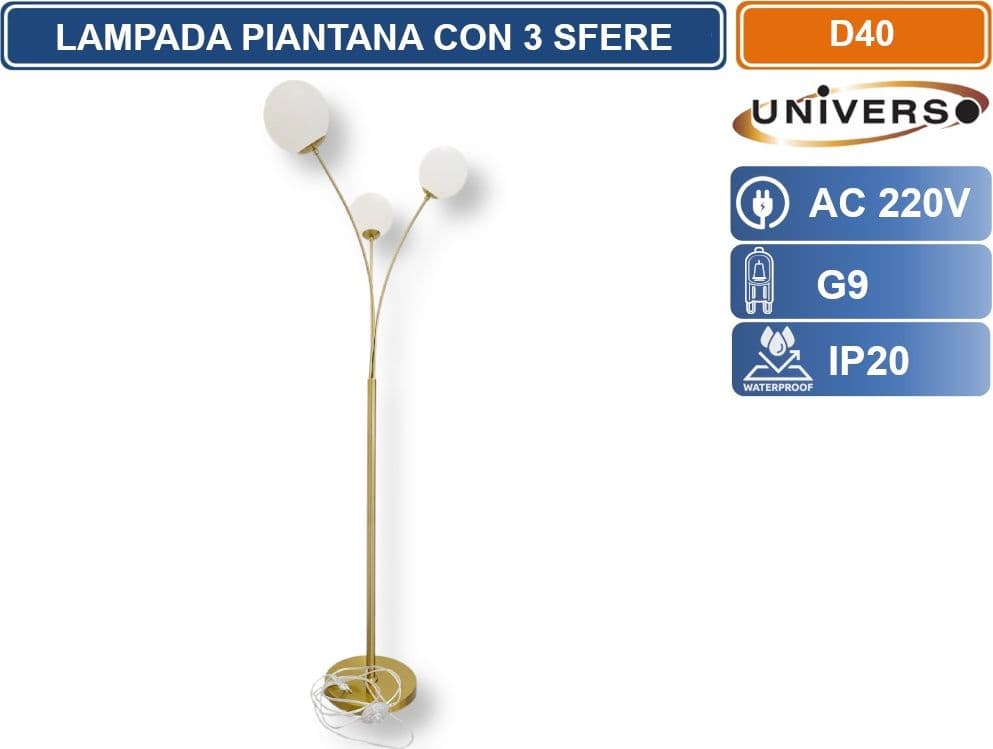 UNIVERSO D40 LAMPADA DA TERRA PIANTANA ORO CON 3 SFERE OPALINE BIANCHE  ATTACCO G9 DESIGN MODERNO ED ELEGANTE PER INTERNI - 2
