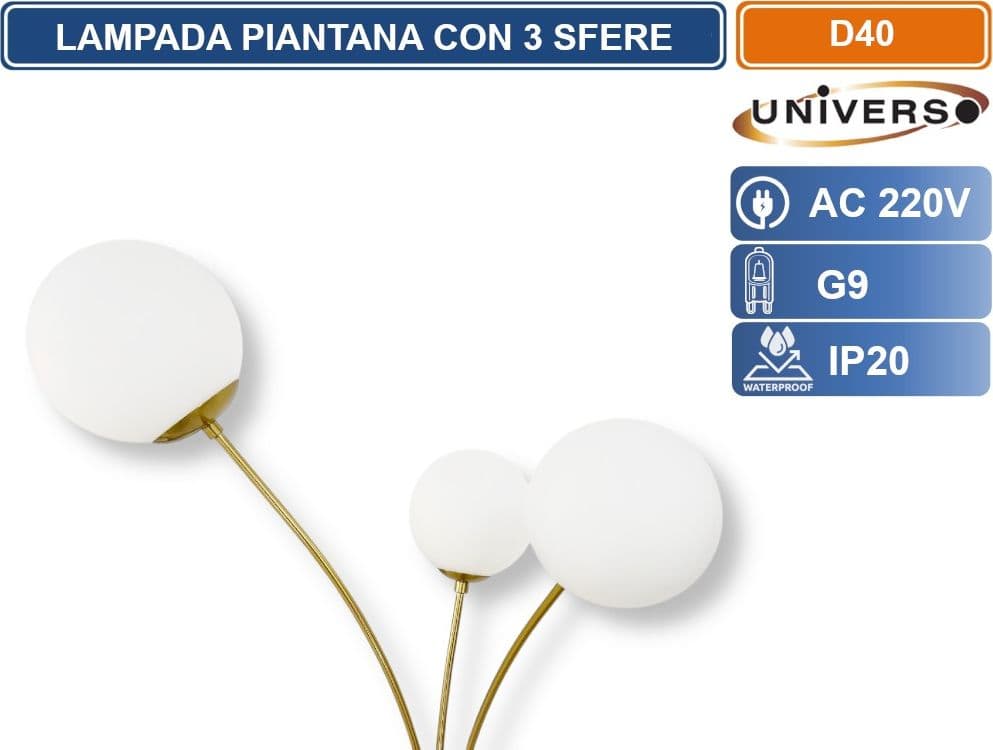 UNIVERSO D40 LAMPADA DA TERRA PIANTANA ORO CON 3 SFERE OPALINE BIANCHE  ATTACCO G9 DESIGN MODERNO ED ELEGANTE PER INTERNI - 3