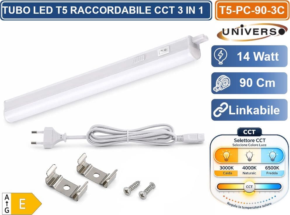UNIVERSO T5-PC-90-3C TUBO NEON LED SMD PLAFONIERA T5 RACCORDABILE CON INTERRUTTORE 90CM 14W 1550LM CON SWITCH CCT PER SELEZIONE LUCE 3000K-4000K-6500K