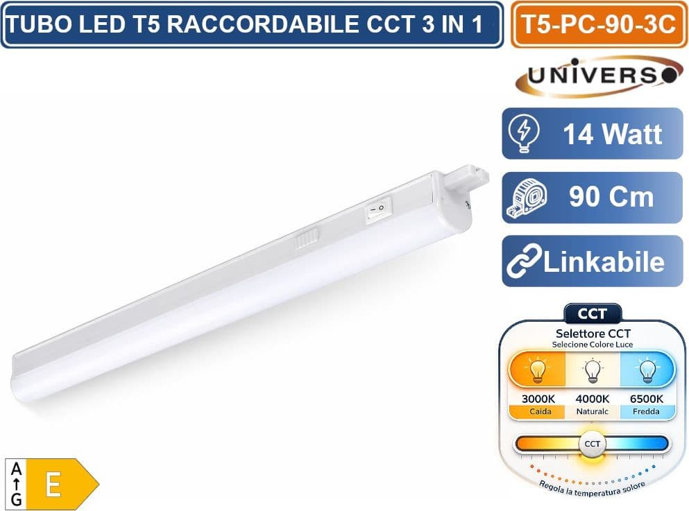UNIVERSO T5-PC-90-3C TUBO NEON LED SMD PLAFONIERA T5 RACCORDABILE CON INTERRUTTORE 90CM 14W 1550LM CON SWITCH CCT PER SELEZIONE LUCE 3000K-4000K-6500K - 2