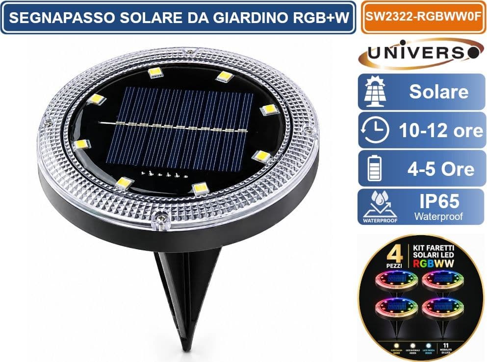UNIVERSO SW2322-RGBWW KIT 4 FARETTI SOLARI LED MULKTICOLORE RGB+W DA GIARDINO CON TELECOMANDO 11 MODALITÀ DI LUCE IP65 - 2
