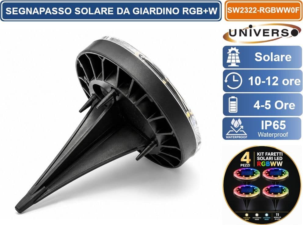 UNIVERSO SW2322-RGBWW KIT 4 FARETTI SOLARI LED MULKTICOLORE RGB+W DA GIARDINO CON TELECOMANDO 11 MODALITÀ DI LUCE IP65 - 3