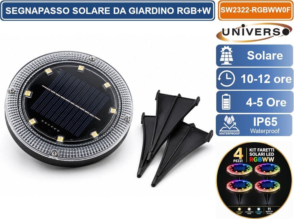 UNIVERSO SW2322-RGBWW KIT 4 FARETTI SOLARI LED MULKTICOLORE RGB+W DA GIARDINO CON TELECOMANDO 11 MODALITÀ DI LUCE IP65 - 4