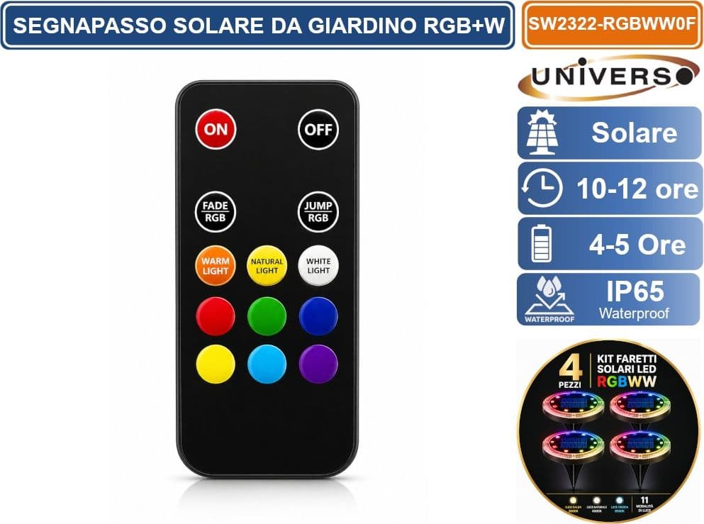 UNIVERSO SW2322-RGBWW KIT 4 FARETTI SOLARI LED MULKTICOLORE RGB+W DA GIARDINO CON TELECOMANDO 11 MODALITÀ DI LUCE IP65 - 5