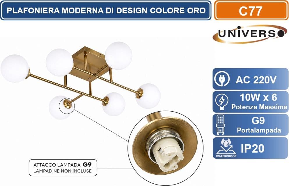 UNIVERSO C77 PLAFONIERA MODERNA 6 SFERE IN POLIETILENE PE CON ATTACCO G9 DESIGN MINIMAL ELEGANTE IP20 - 3