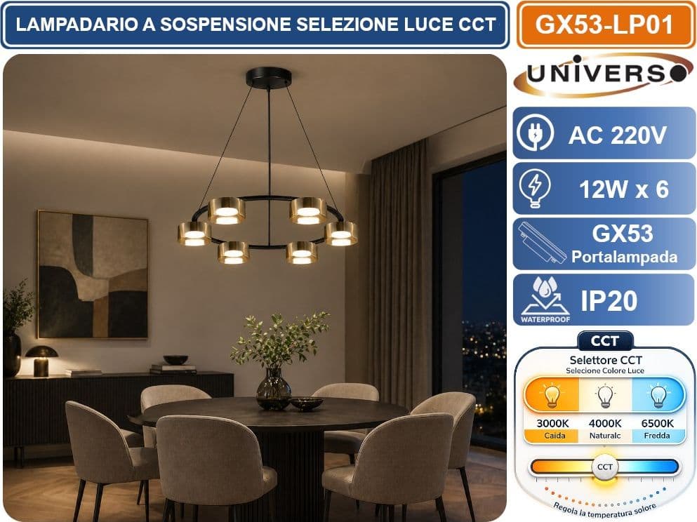 UNIVERSO GX53-LP01 LAMPADARIO LED MODERNO A SOSPENSIONE 6 LUCI CON FUNZIONE CCT SELEZIONABILE 3000K 4000K 6500K IP20 - 2
