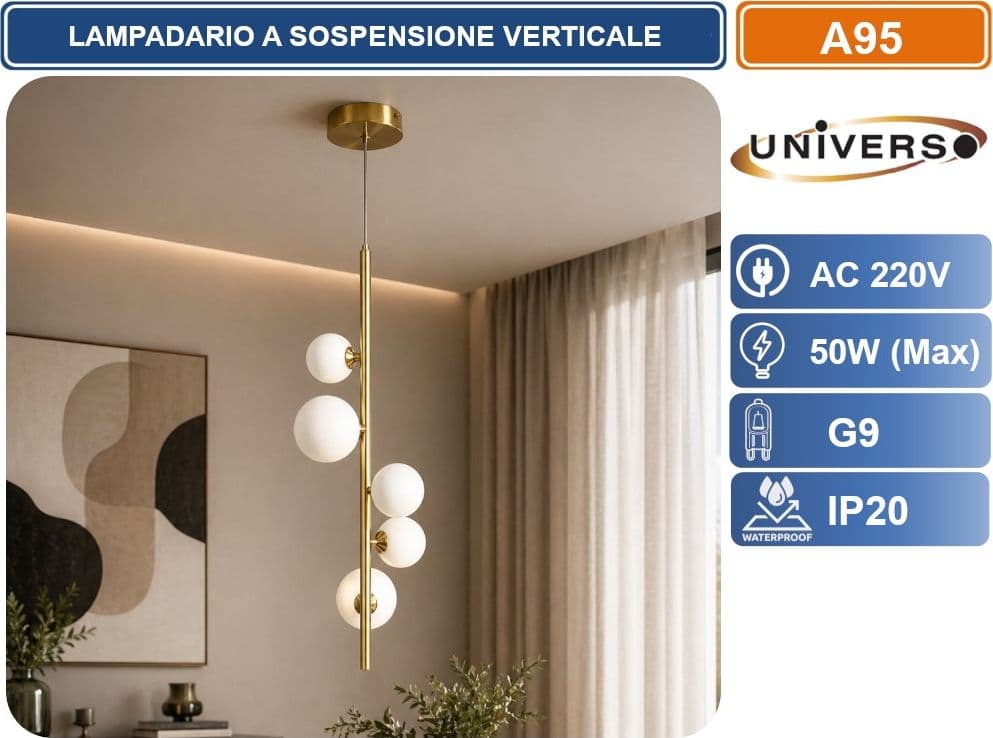 UNIVERSO A95 LAMPADARIO A SOSPENSIONE VERTICALE 5 SFERE IN PE BIANCO ATTACCO G9 FINITURA ORO IP20