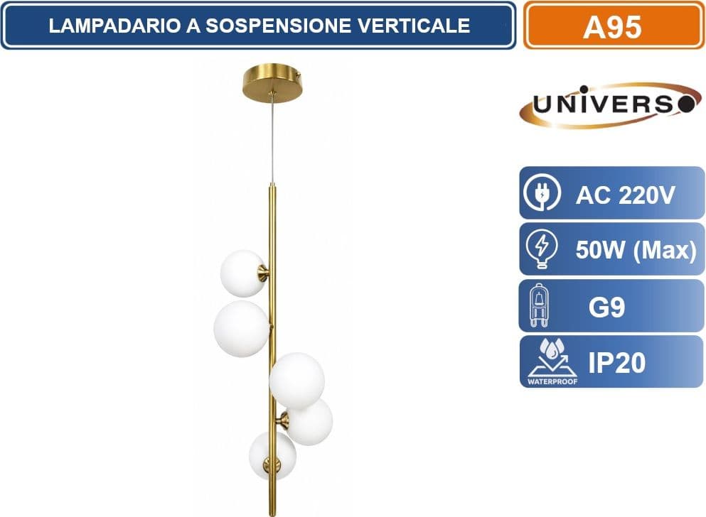 UNIVERSO A95 LAMPADARIO A SOSPENSIONE VERTICALE 5 SFERE IN PE BIANCO ATTACCO G9 FINITURA ORO IP20 - 2