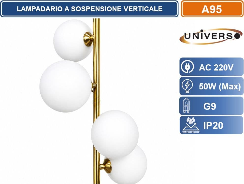 UNIVERSO A95 LAMPADARIO A SOSPENSIONE VERTICALE 5 SFERE IN PE BIANCO ATTACCO G9 FINITURA ORO IP20 - 3