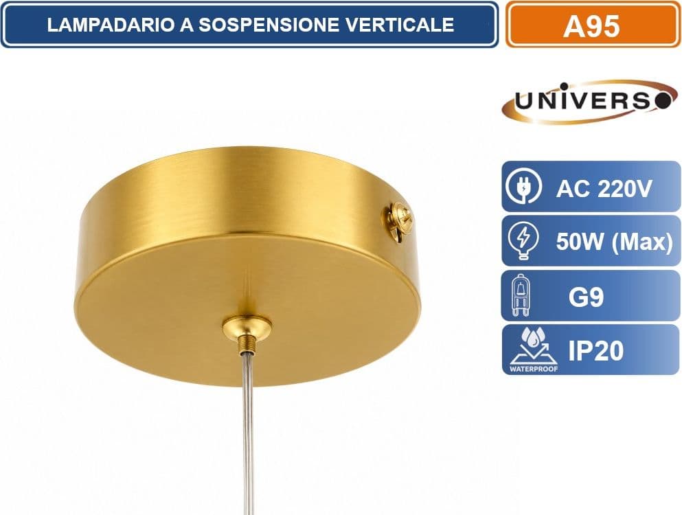 UNIVERSO A95 LAMPADARIO A SOSPENSIONE VERTICALE 5 SFERE IN PE BIANCO ATTACCO G9 FINITURA ORO IP20 - 4