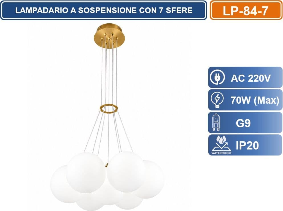 UNIVERSO LP-84-7 LAMPADARIO A SOSPENSIONE COLORE ORO CON 7 SFERE LUMINOSE BIANCHE CON ATTACCO G9 IP20 - 2