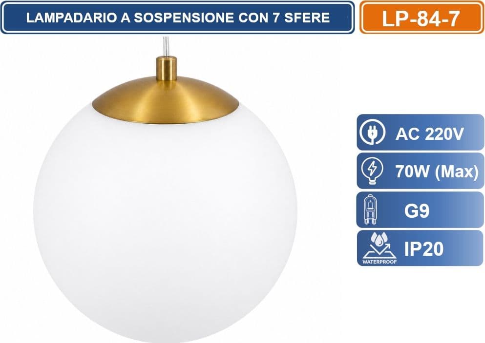 UNIVERSO LP-84-7 LAMPADARIO A SOSPENSIONE COLORE ORO CON 7 SFERE LUMINOSE BIANCHE CON ATTACCO G9 IP20 - 3