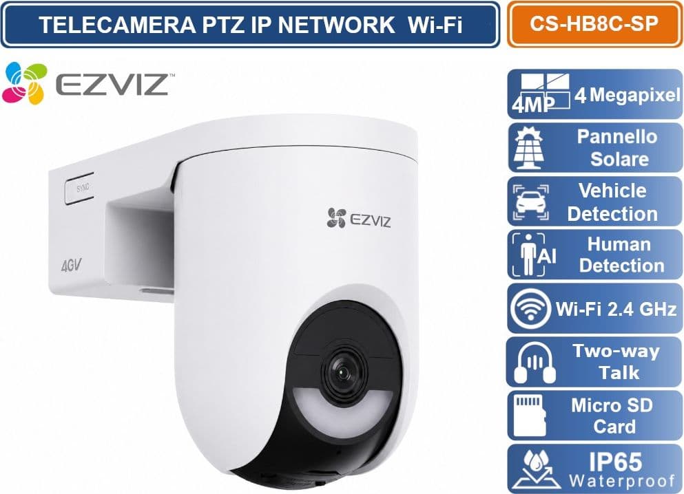 EZVIZ CS-HB8C-SPTELECAMERA IP NETWORK WIFI 2K+ CON PANNELLO SOLARE 5W BATTERIA INTEGRATA VISIONE 360° AI RILEVAMENTO PERSONE/VEICOLI VISIONE NOTTURNA A COLORI IP65 - 3