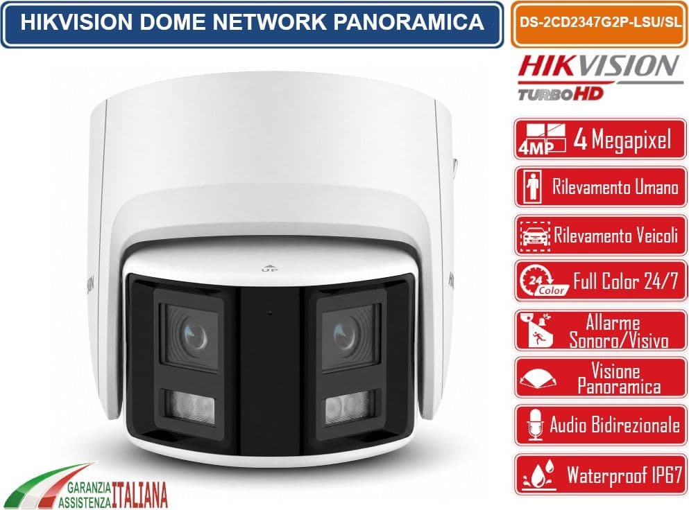 HIKVISION DS-2CD2347G2P-LSU/SL TELECAMERA IP PANORAMICA 4MP COLORVU 180° DUAL LENS CON ALLARME ATTIVO AUDIO BIDIREZIONALE WDR 130DB H.265+, IP67 - 2